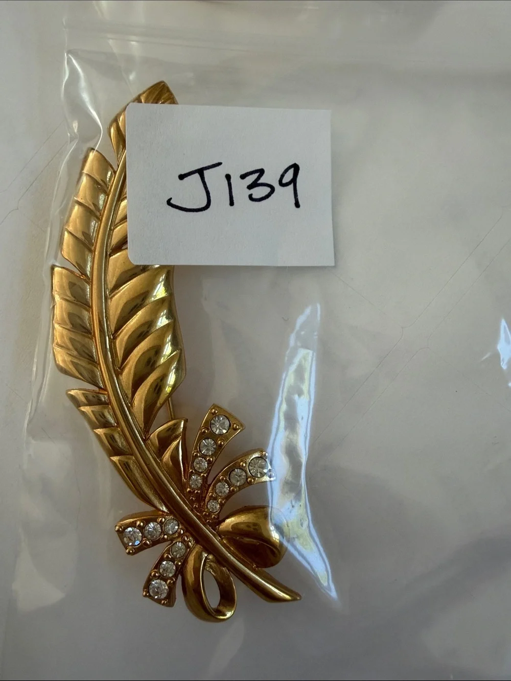 Vintage Monet Gold Leaf Brooch Rhinestone Bow Floral Pin Statement 80s Chic